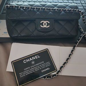AUTHENTIC Black Quilted Caviar Glasses Case on Chain Silver Hardware, 2021